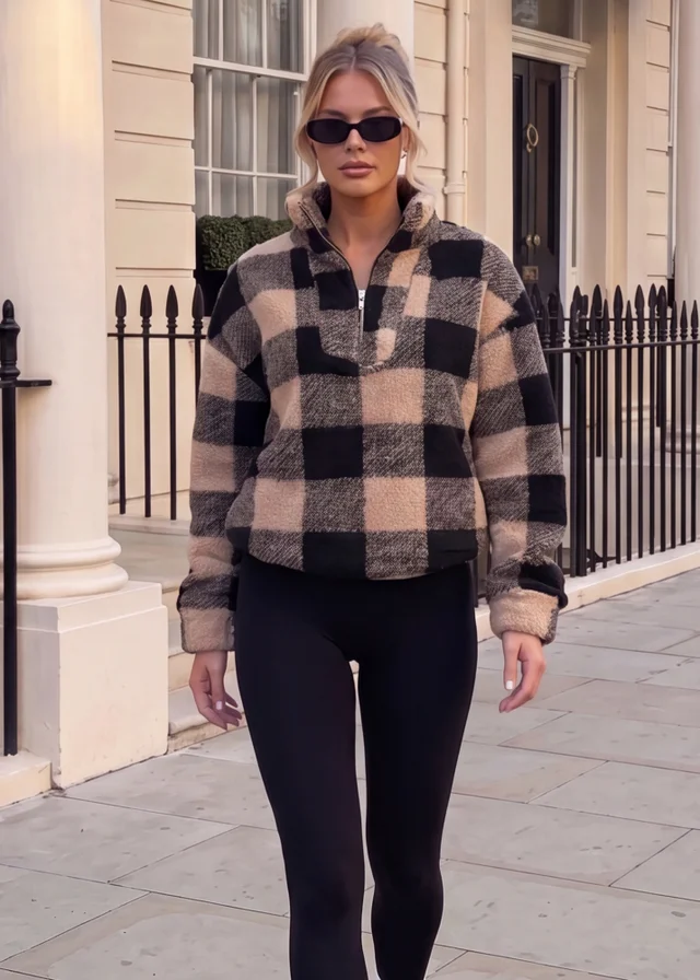 AX Paris Black and Camel Check Teddy 1/4 Zip Sweatshirt