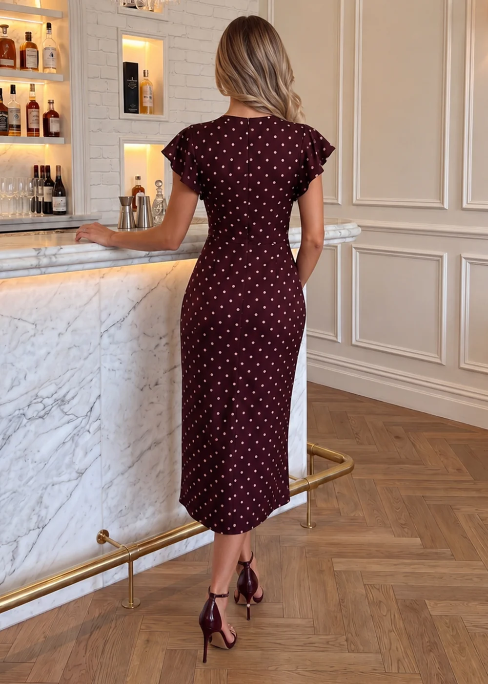 AX Paris Burgundy Polka Dot Print Flutter Sleeve Wrap Midi Dress - 12 Image 4