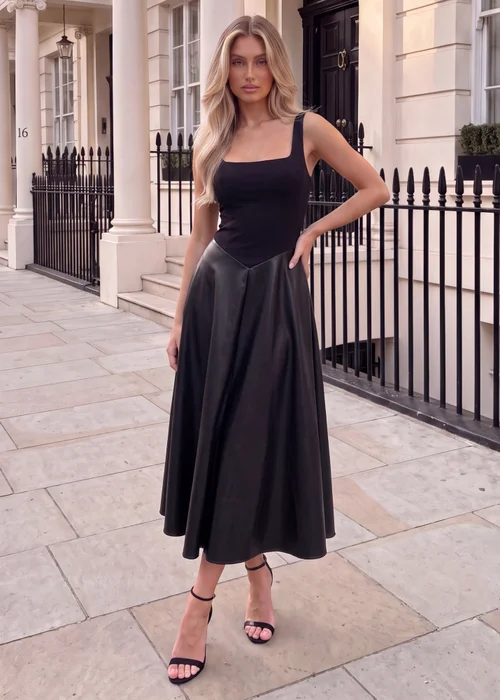 AX Paris Black Faux Leather 2 in 1 A-line Midi Dress - 14 Image 1