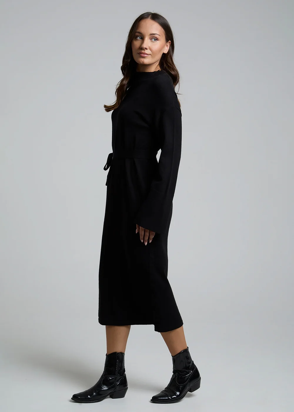 Influence Black Long Sleeve Self-Tie Knit Jumper Midi Dress - 12 Image 5