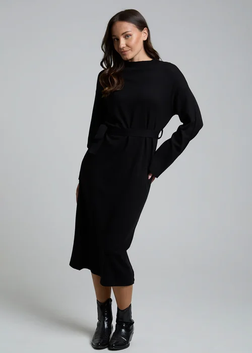 Influence Black Long Sleeve Self-Tie Knit Jumper Midi Dress - 12 Image 1