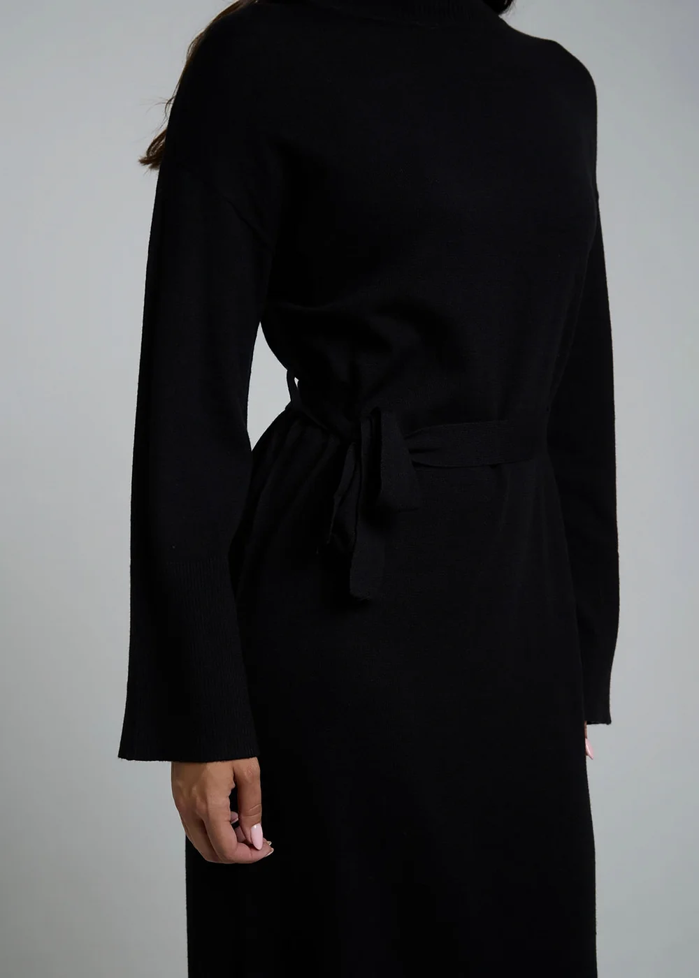 Influence Black Long Sleeve Self-Tie Knit Jumper Midi Dress - 12 Image 3