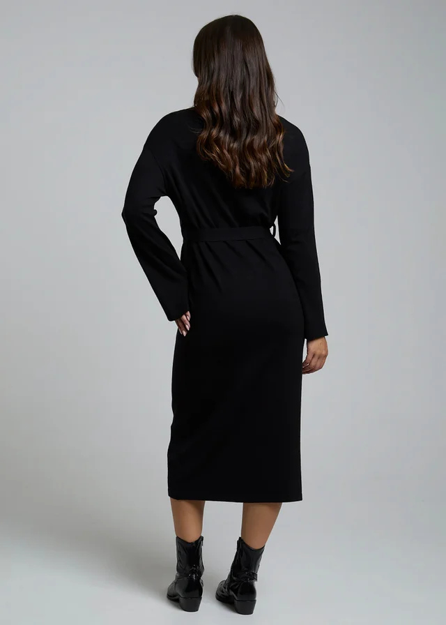 Influence Black Long Sleeve Self-Tie Knit Jumper Midi Dress