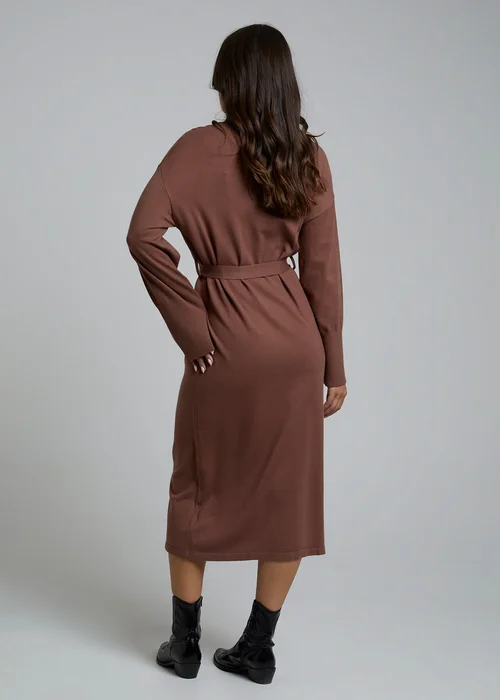 Influence Chocolate Self-Tie Long Sleeve Jumper Midi Dress - 10 Image 2