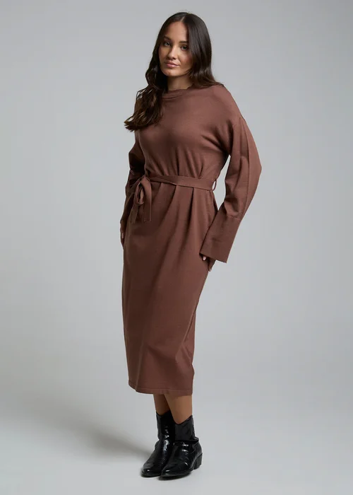 Influence Chocolate Self-Tie Long Sleeve Jumper Midi Dress - 10 Image 1