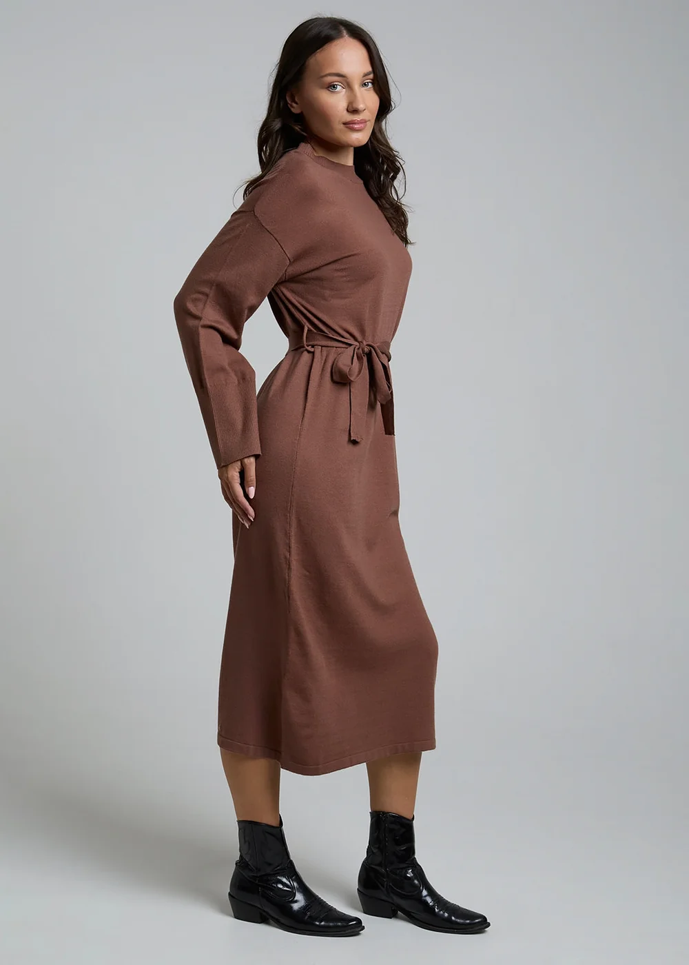 Influence Chocolate Self-Tie Long Sleeve Jumper Midi Dress - 10 Image 5