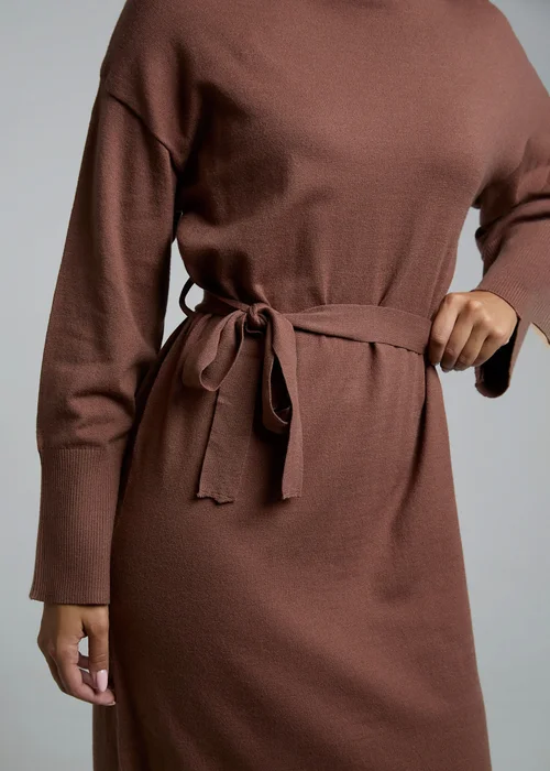 Influence Chocolate Self-Tie Long Sleeve Jumper Midi Dress - 10 Image 3