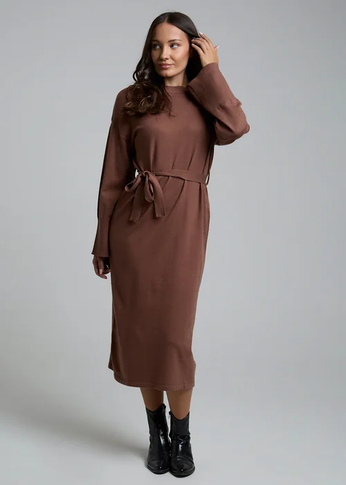 Influence Chocolate Self-Tie Long Sleeve Jumper Midi Dress - 10 Image 4