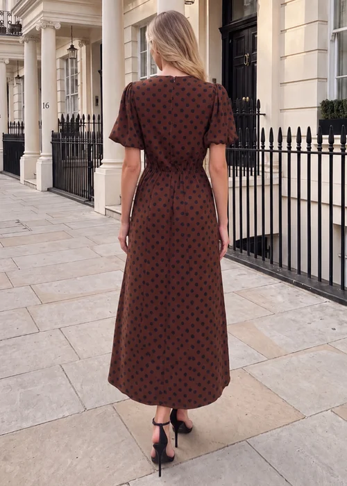 AX Paris Chocolate & Black Polka Dot Puff Sleeve Midi Dress - 16 Image 4