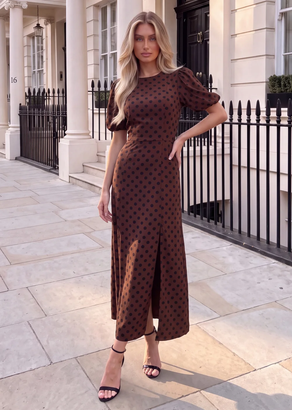 AX Paris Chocolate & Black Polka Dot Puff Sleeve Midi Dress - 16 Image 1