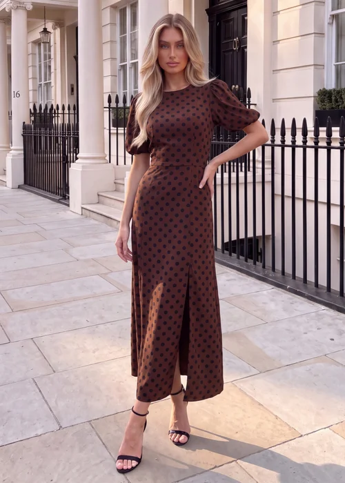 AX Paris Chocolate & Black Polka Dot Puff Sleeve Midi Dress - 16 Image 1