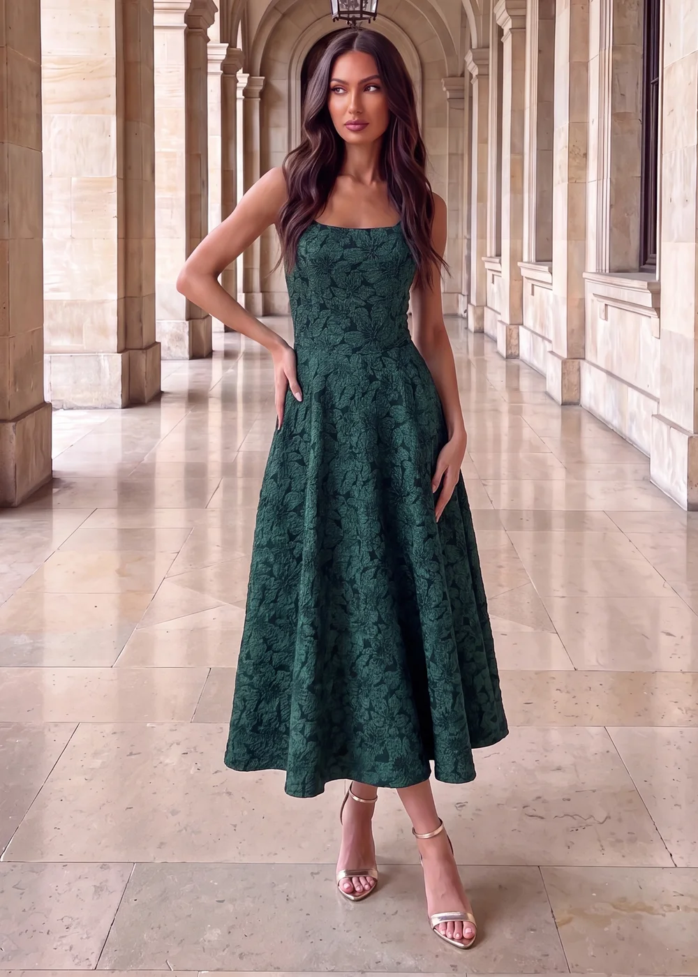 AX Paris Green Floral Jacquard Square Neck A-line Midi Dress - 16 Image 1