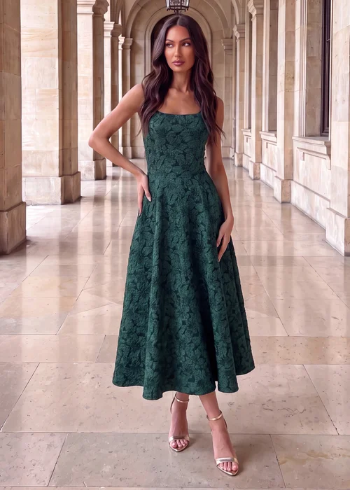 AX Paris Green Floral Jacquard Square Neck A-line Midi Dress - 16 Image 1