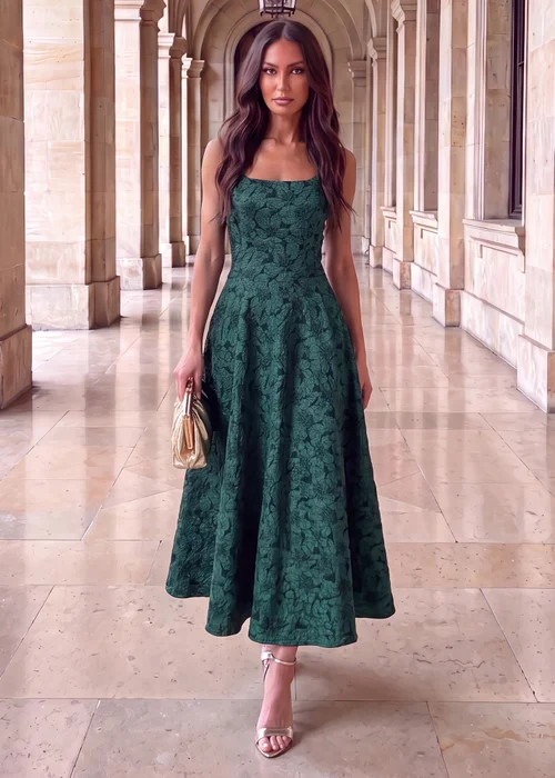 AX Paris Green Floral Jacquard Square Neck A-line Midi Dress - 16 Image 2