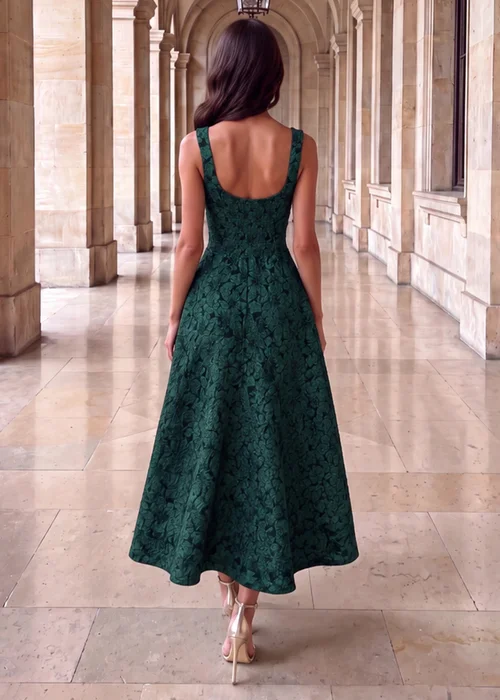 AX Paris Green Floral Jacquard Square Neck A-line Midi Dress - 16 Image 4