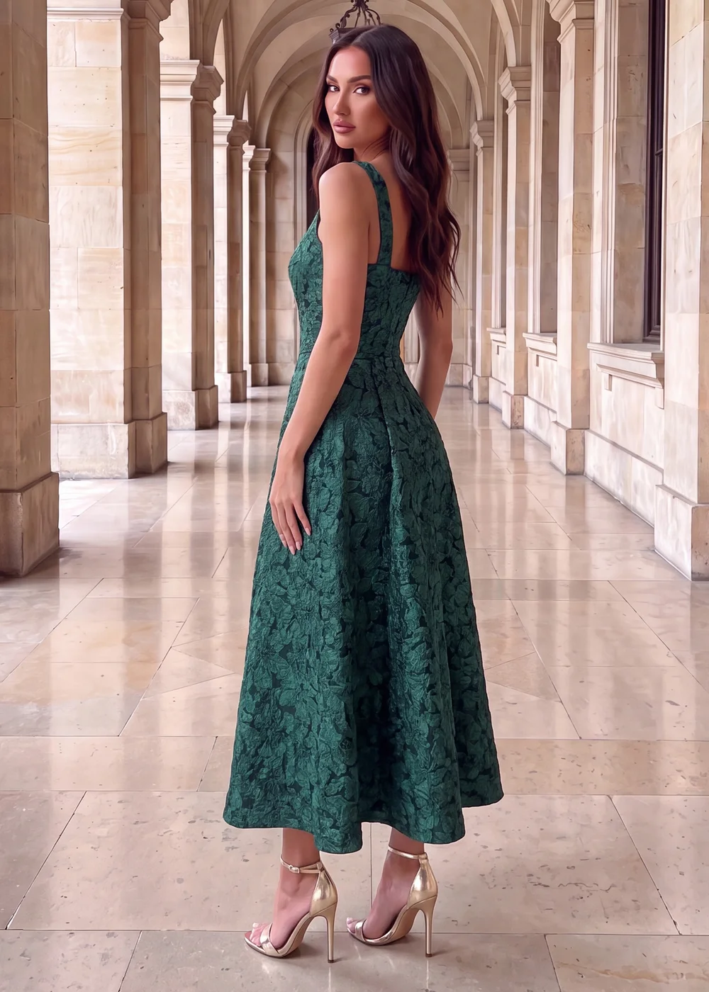 AX Paris Green Floral Jacquard Square Neck A-line Midi Dress - 16 Image 3