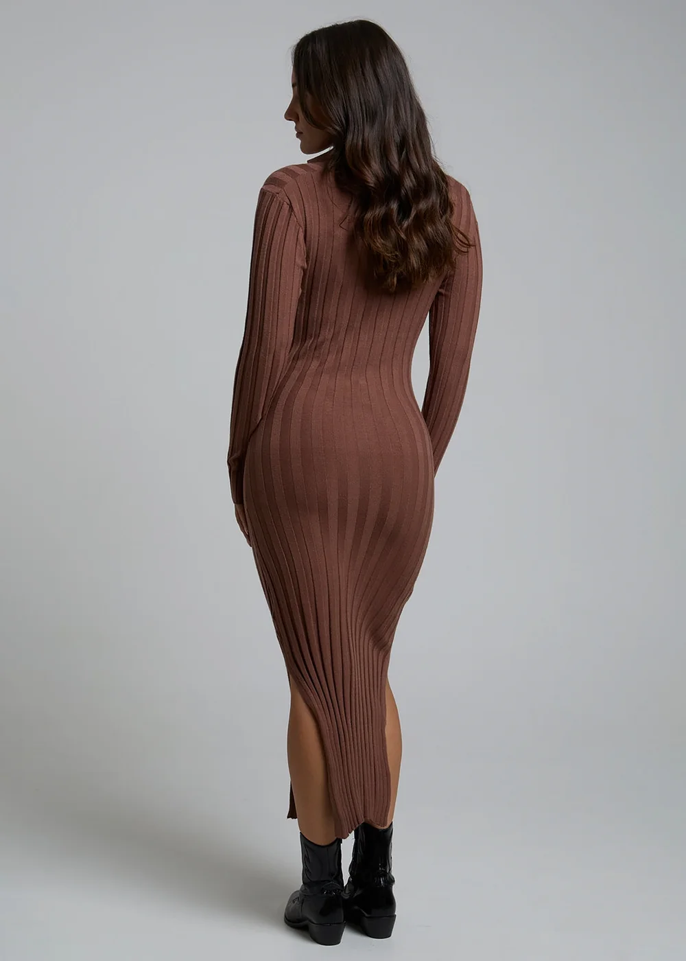 Influence Chocolate Ribbed V-Neck Collar Long Sleeve Knit Jumper Midi Dress - 14 Image 2