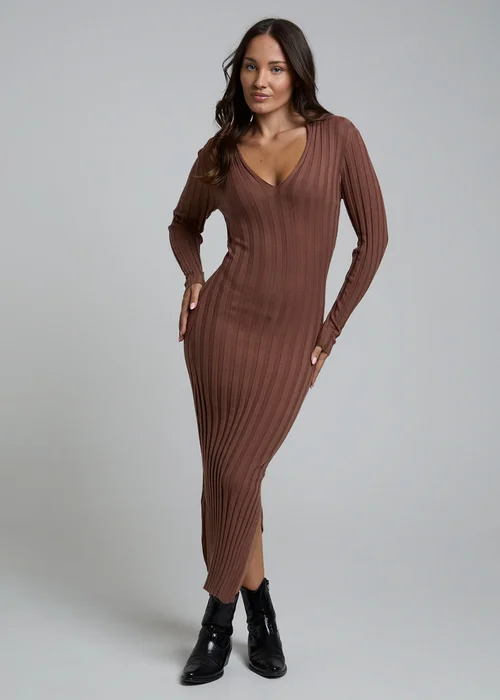 Influence Chocolate Ribbed V-Neck Collar Long Sleeve Knit Jumper Midi Dress - 14 Image 1