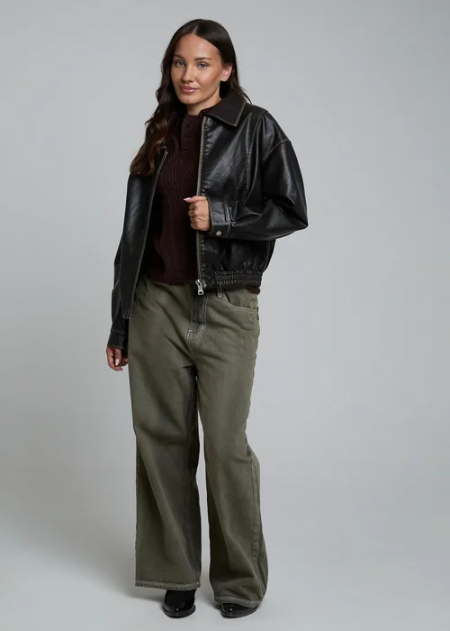 Influence Brown Faux Leather Oversized Bomber-Style Zip Collared Jacket - 10 Image 4
