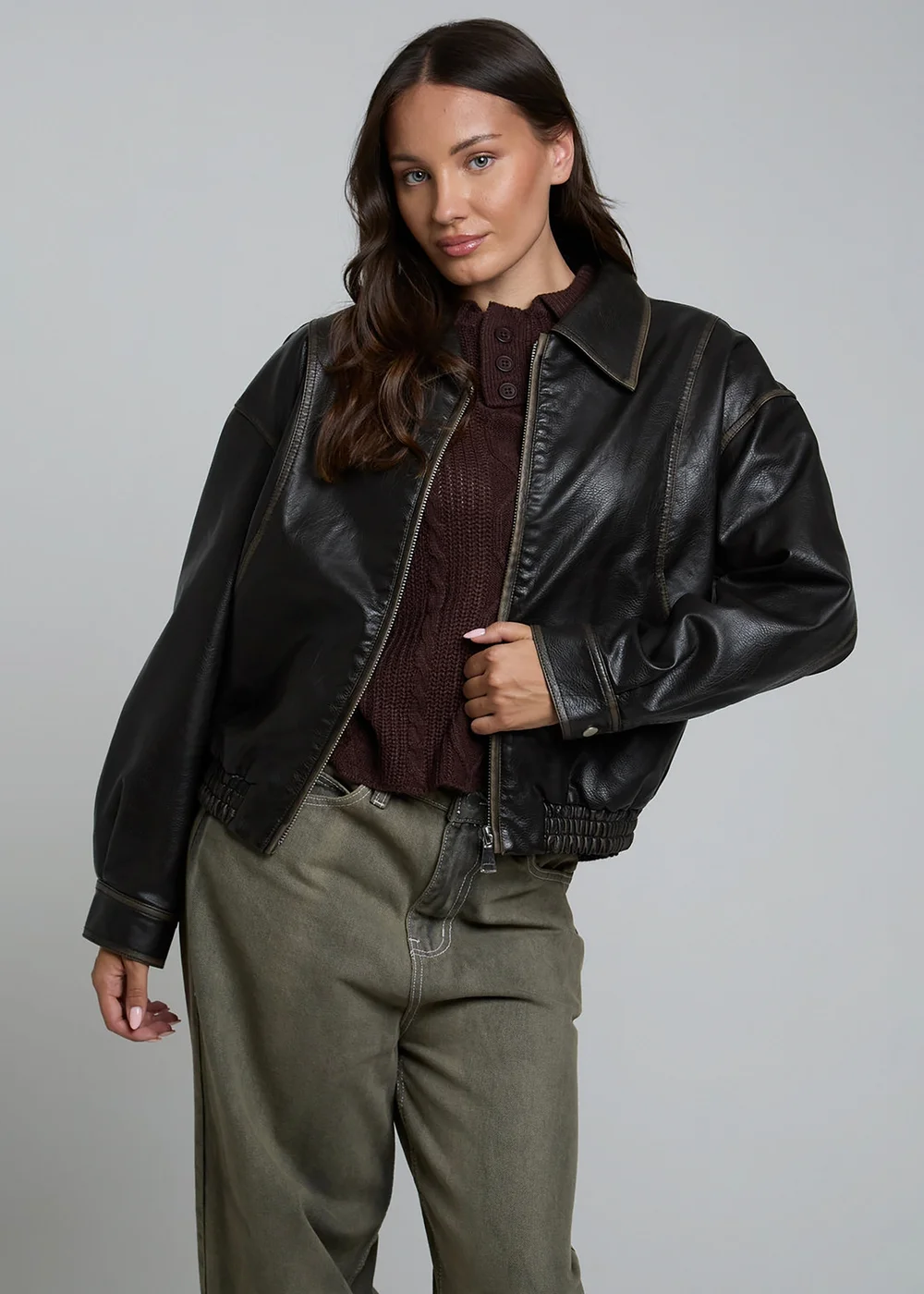Influence Brown Faux Leather Oversized Bomber-Style Zip Collared Jacket - 10 Image 1