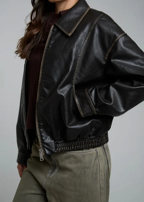 Influence Brown Faux Leather Oversized Bomber-Style Zip Collared Jacket - 10 Image 3