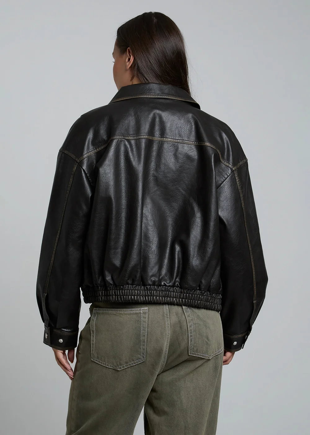 Influence Brown Faux Leather Oversized Bomber-Style Zip Collared Jacket - 10 Image 2