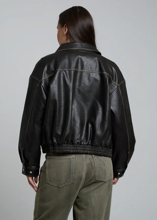 Influence Brown Faux Leather Oversized Bomber-Style Zip Collared Jacket