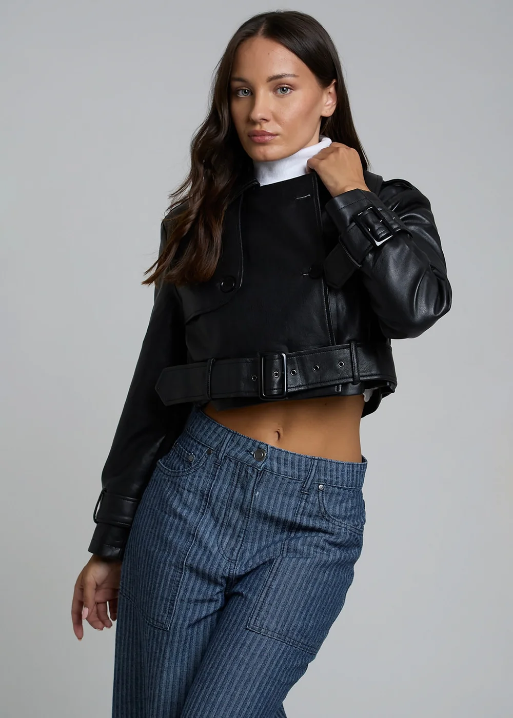 Influence Black Cropped Faux Leather Double Breasted Jacket - 10 Image 5