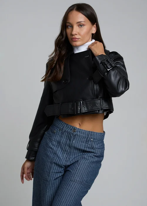 Influence Black Cropped Faux Leather Double Breasted Jacket - 10 Image 5