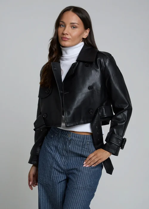 Influence Black Cropped Faux Leather Double Breasted Jacket - 10 Image 3