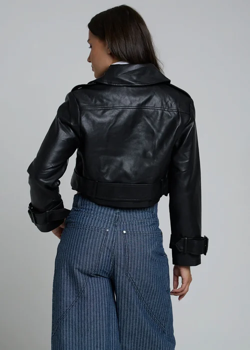 Influence Black Cropped Faux Leather Double Breasted Jacket - 10 Image 2