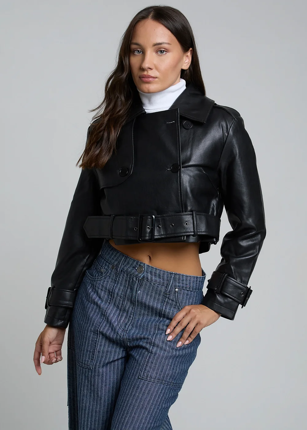 Influence Black Cropped Faux Leather Double Breasted Jacket - 10 Image 1