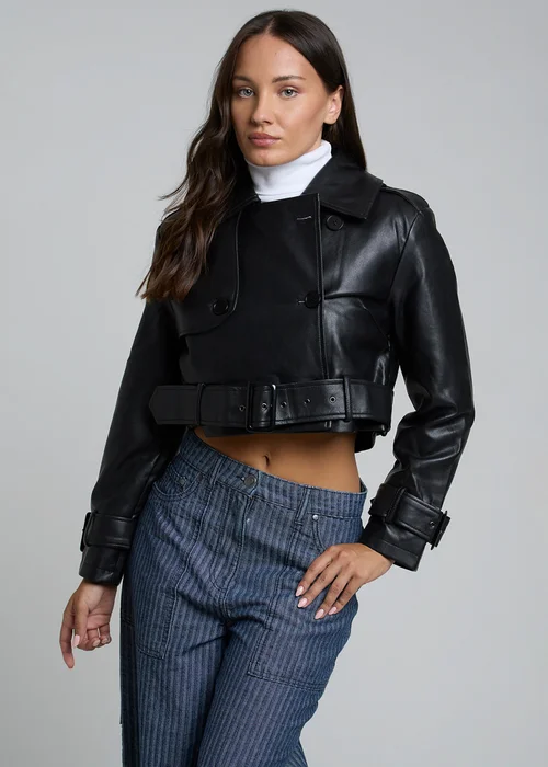 Influence Black Cropped Faux Leather Double Breasted Jacket - 10 Image 1