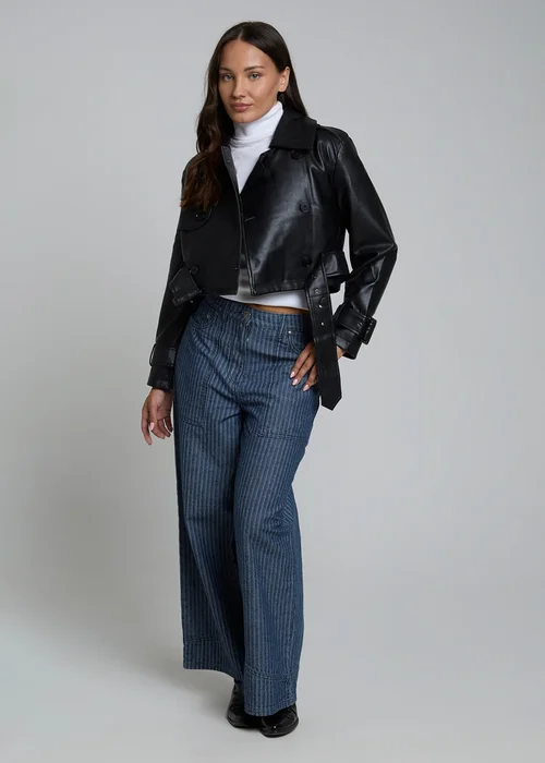 Influence Black Cropped Faux Leather Double Breasted Jacket - 10 Image 4