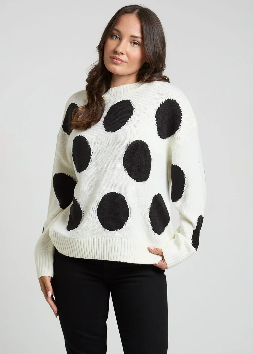 Influence Ivory Polka-Dot Crew Neck Long Sleeve Knitted Jumper - 8 Image 1
