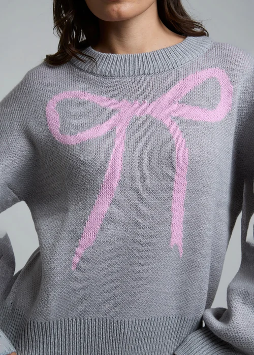 Influence Grey Crew Neck Long Sleeve Bow Graphic Knitted Jumper - 10 Image 3