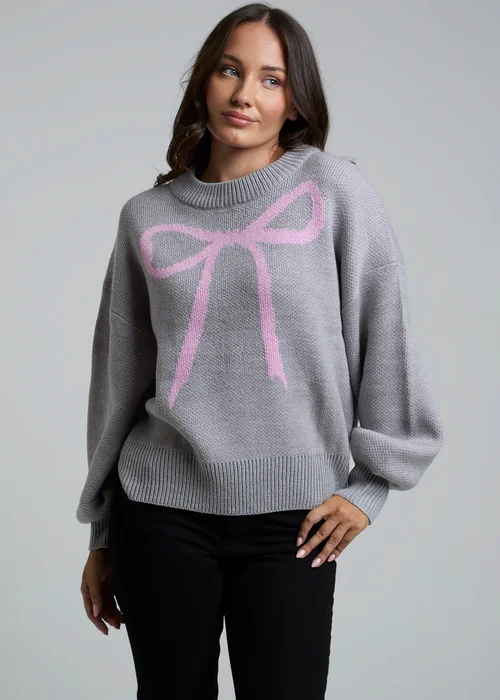 Influence Grey Crew Neck Long Sleeve Bow Graphic Knitted Jumper - 10 Image 1