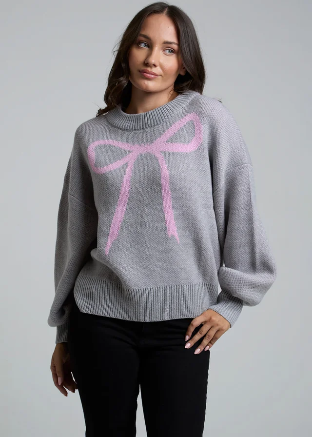Influence Grey Crew Neck Long Sleeve Bow Graphic Knitted Jumper