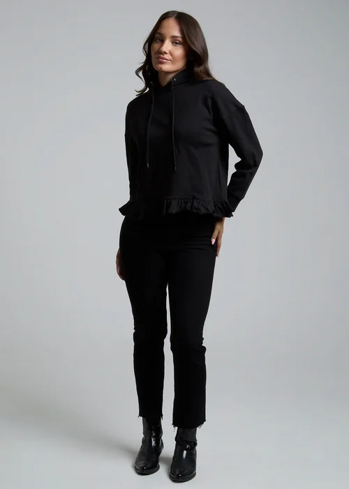 Influence Black Cotton Frill Hem Hoody - 14 Image 4