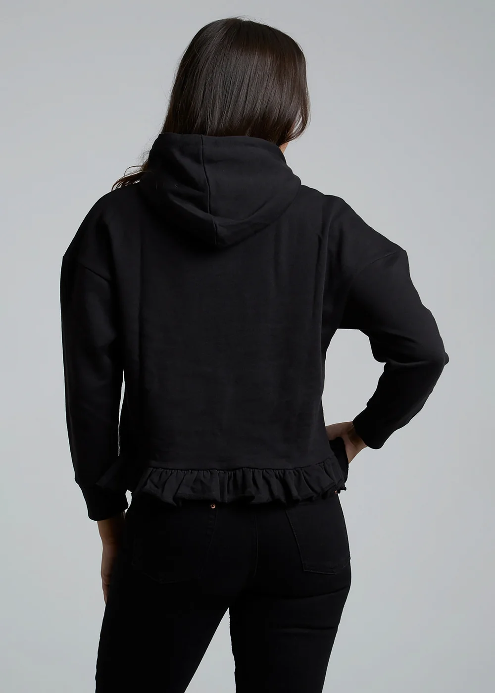 Influence Black Cotton Frill Hem Hoody - 14 Image 2