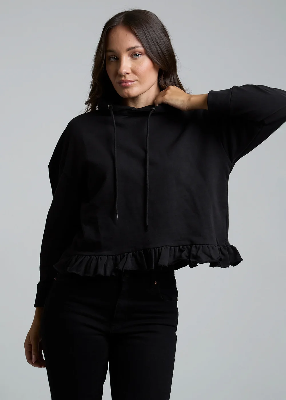 Influence Black Cotton Frill Hem Hoody - 14 Image 1