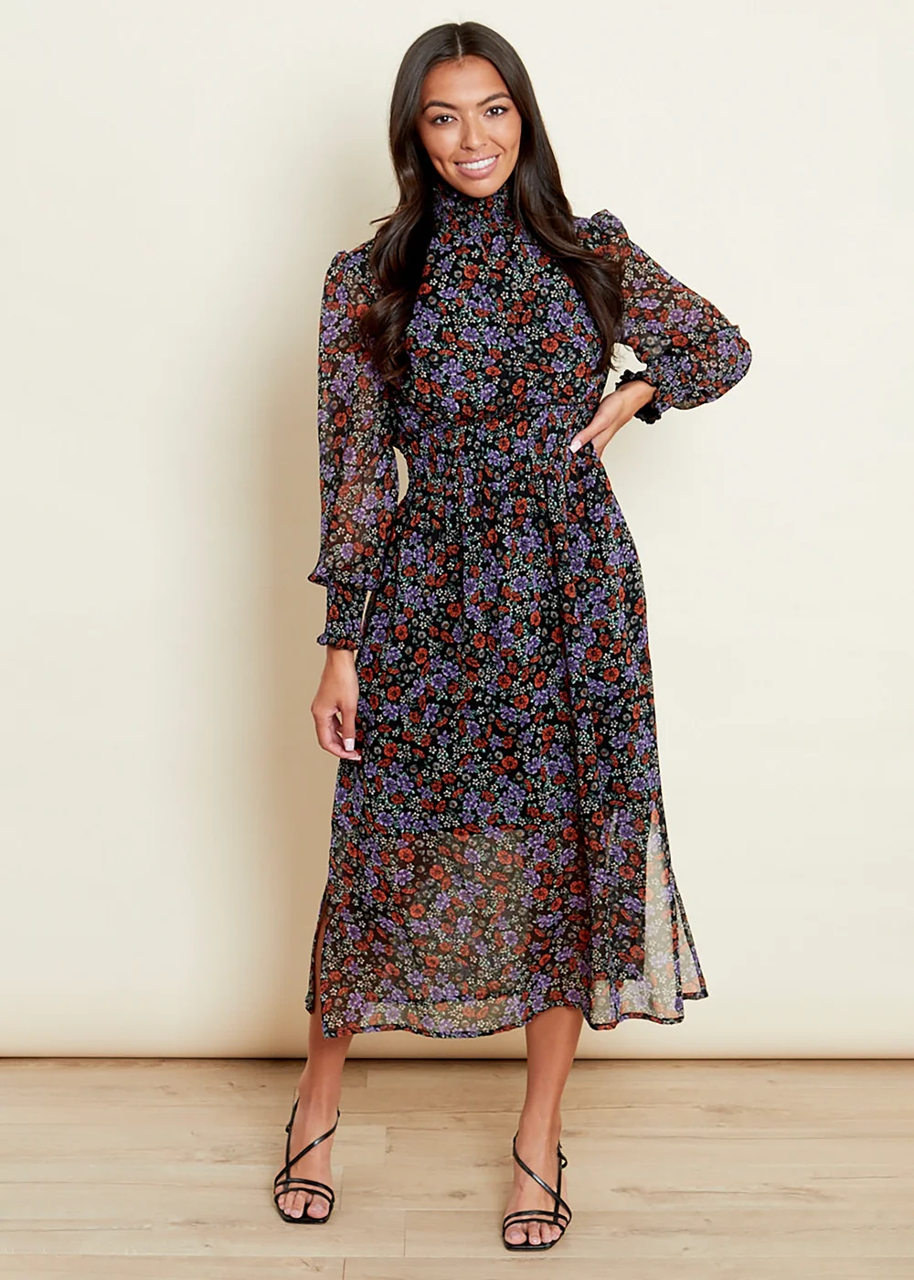 Influence Purple Floral Print High Shirred Ruffle Neck Long Sleeve Midi Dress - 14 Image 3