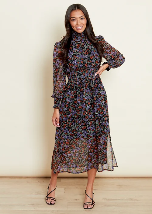 Influence Purple Floral Print High Shirred Ruffle Neck Long Sleeve Midi Dress - 14 Image 3