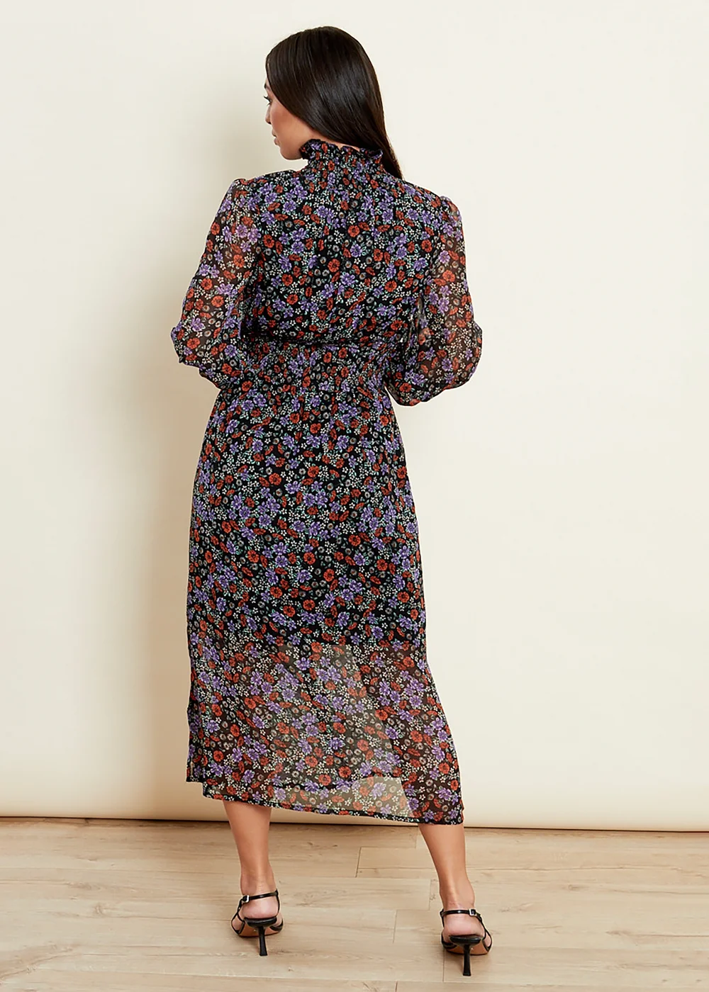 Influence Purple Floral Print High Shirred Ruffle Neck Long Sleeve Midi Dress - 14 Image 2