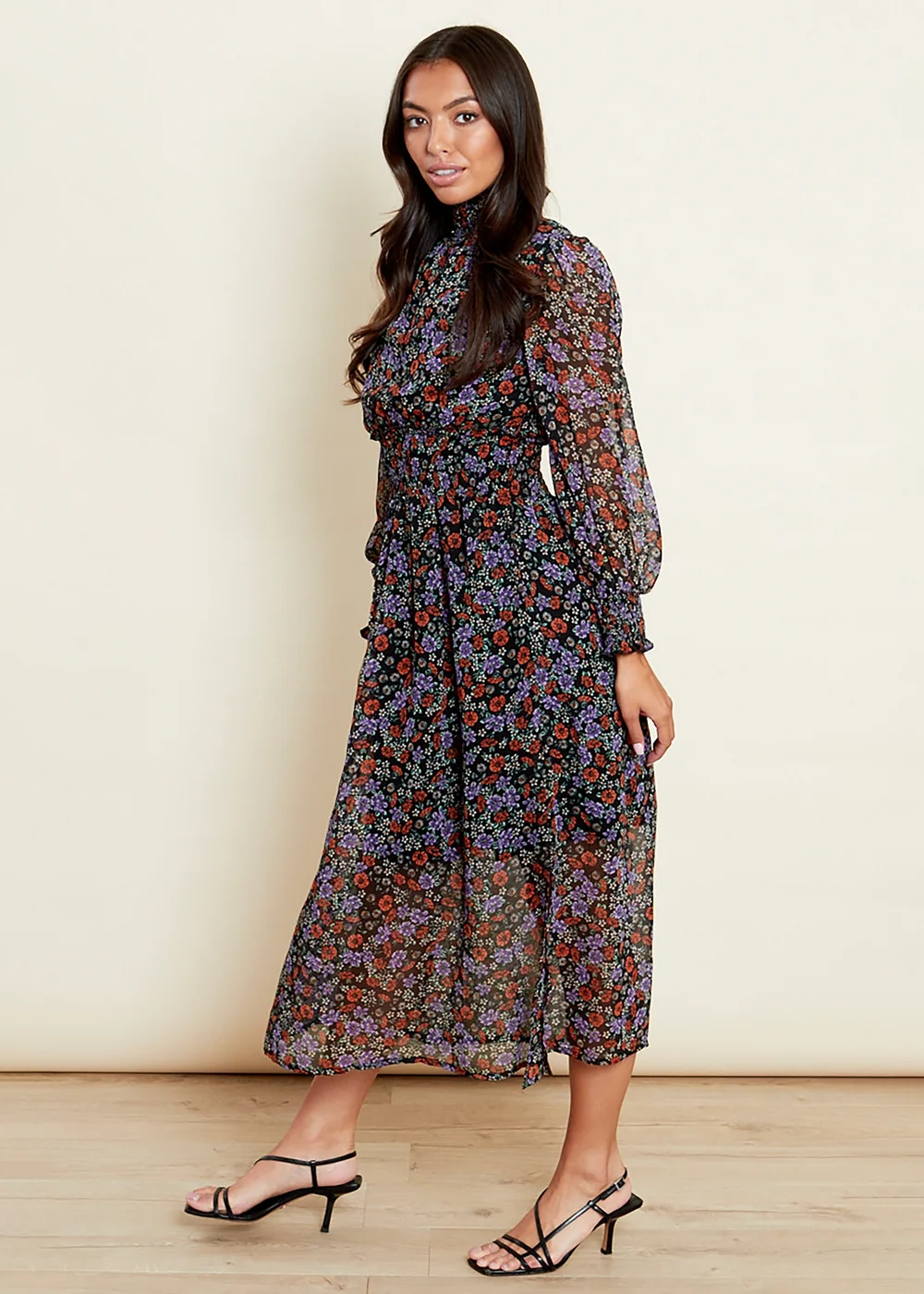 Influence Purple Floral Print High Shirred Ruffle Neck Long Sleeve Midi Dress - 14 Image 4