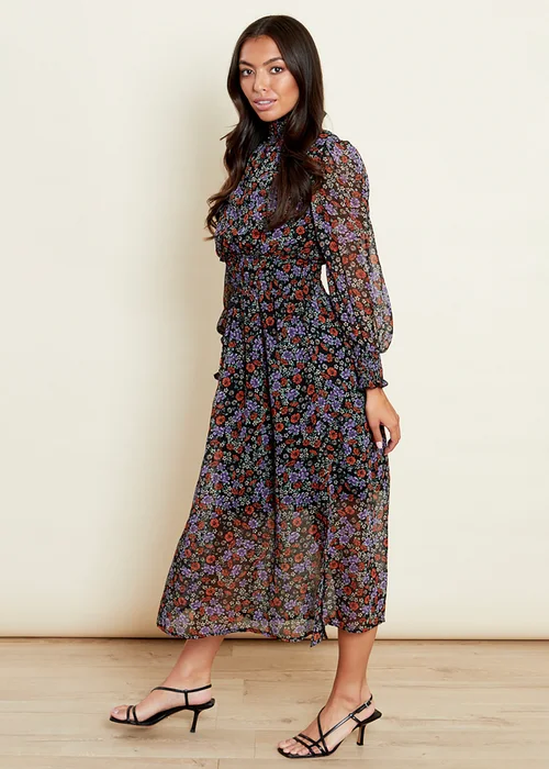 Influence Purple Floral Print High Shirred Ruffle Neck Long Sleeve Midi Dress - 14 Image 4