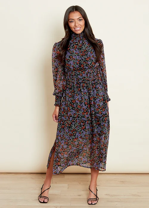 Influence Purple Floral Print High Shirred Ruffle Neck Long Sleeve Midi Dress - 14 Image 1
