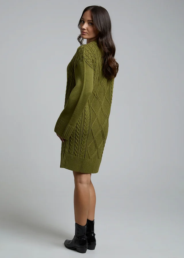 Influence Khaki Cable Knit Round Neck Long Sleeve Jumper Midi Dress