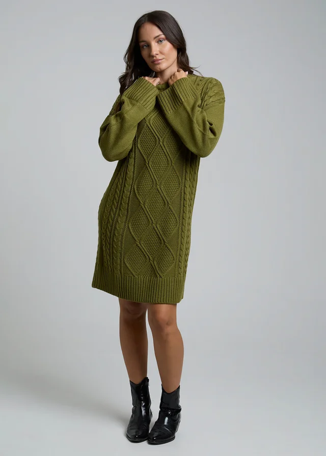 Influence Khaki Cable Knit Round Neck Long Sleeve Jumper Midi Dress