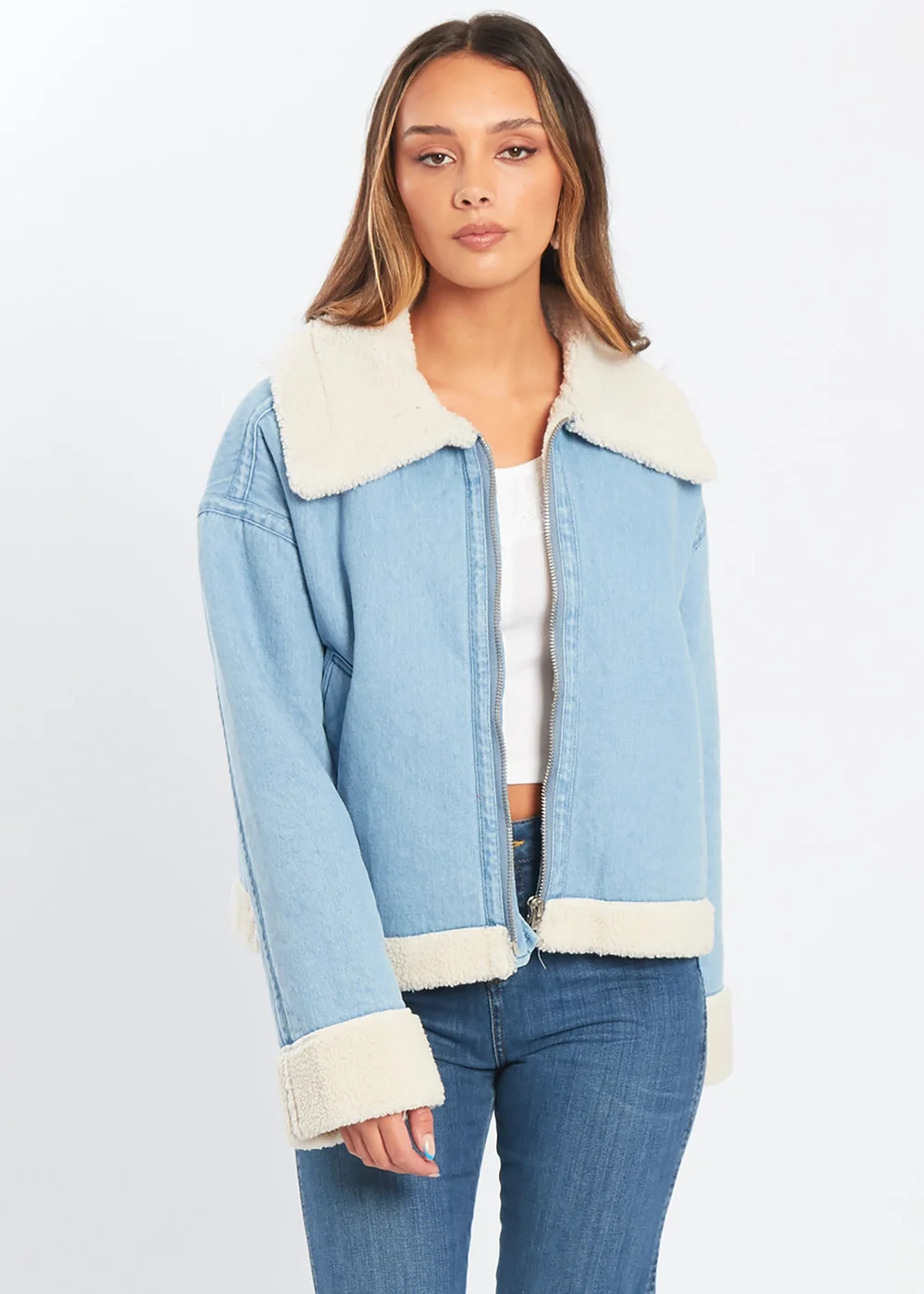 Influence Blue Denim-Style Borg Zip Aviator Jacket - 12 Image 1